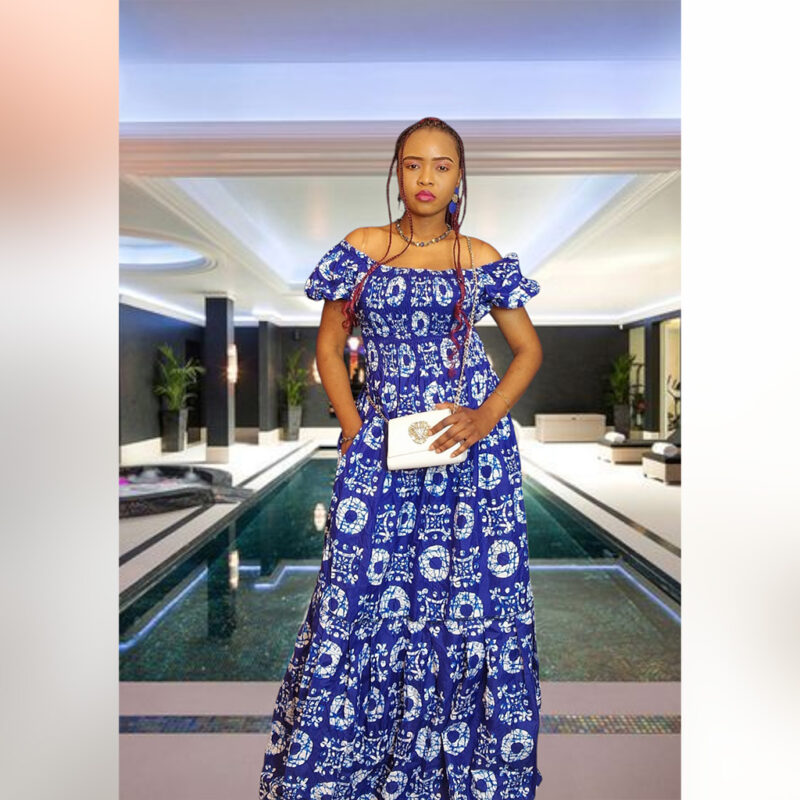 Dunke: Off-Shoulder Blue Ankara Maxi Dress – Royal Charm