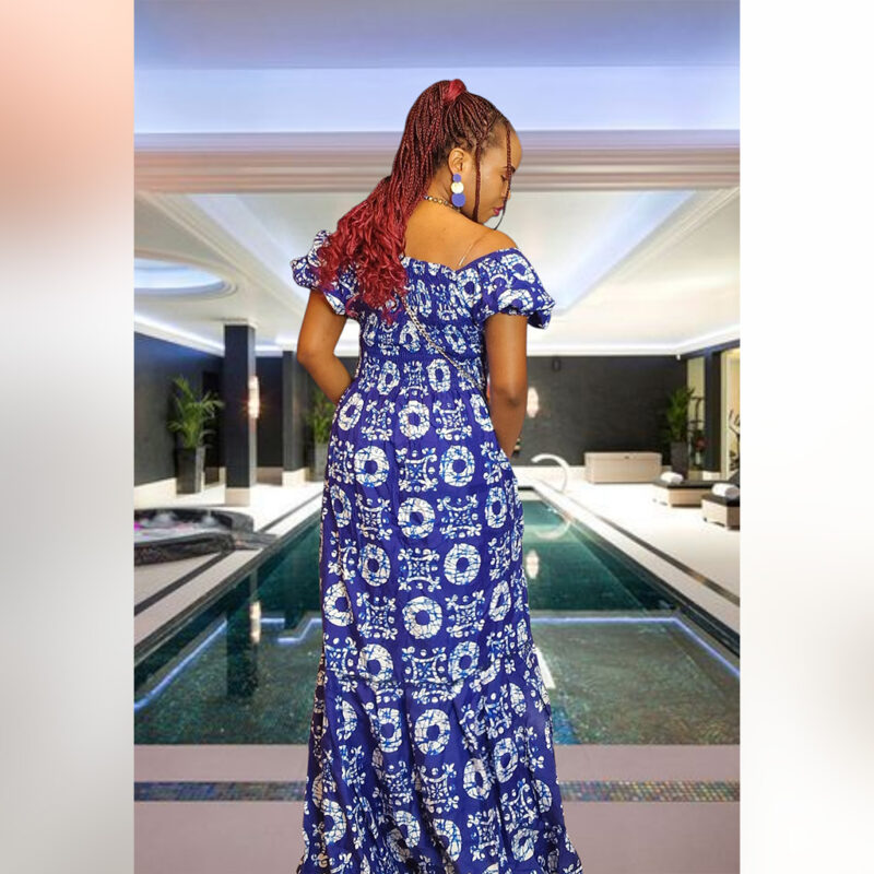 Dunke: Off-Shoulder Blue Ankara Maxi Dress – Royal Charm - Image 2