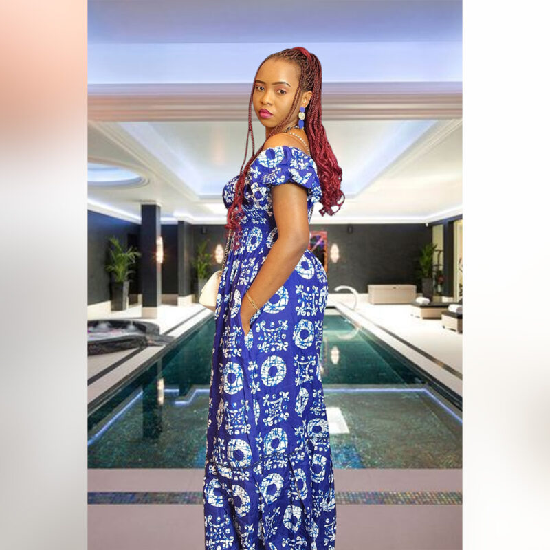 Dunke: Off-Shoulder Blue Ankara Maxi Dress – Royal Charm - Image 3