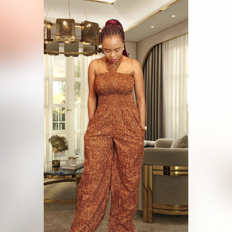 Morolake: Halter-Neck Ankara Jumpsuit – Bronze Swirl Elegance - Image 6