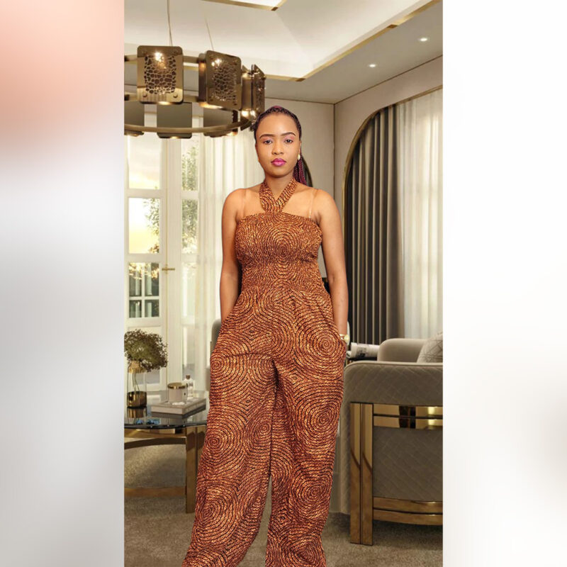 Morolake: Halter-Neck Ankara Jumpsuit – Bronze Swirl Elegance - Image 5
