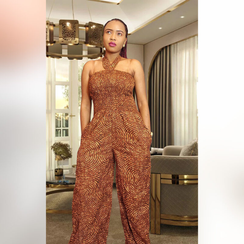 Morolake: Halter-Neck Ankara Jumpsuit – Bronze Swirl Elegance - Image 4