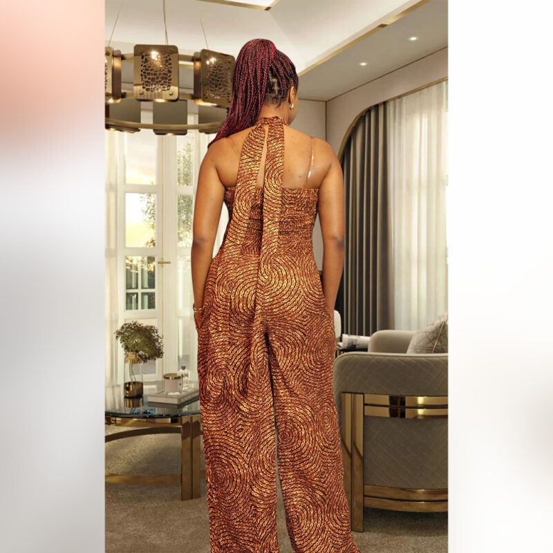 Morolake: Halter-Neck Ankara Jumpsuit – Bronze Swirl Elegance - Image 3