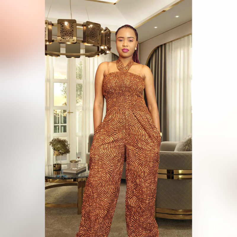 Morolake: Halter-Neck Ankara Jumpsuit – Bronze Swirl Elegance