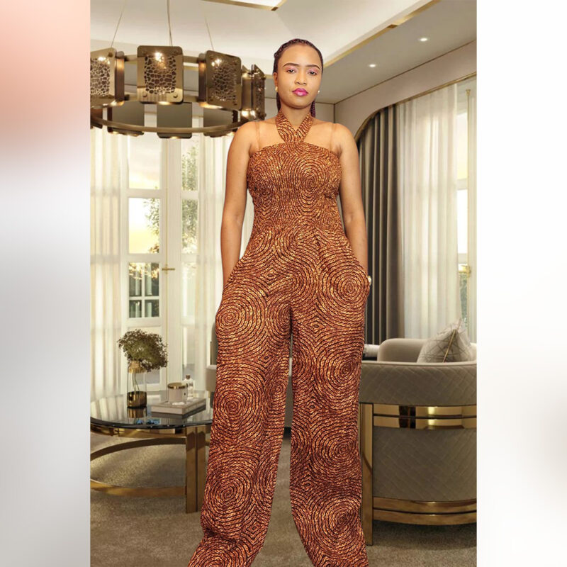 Morolake: Halter-Neck Ankara Jumpsuit – Bronze Swirl Elegance - Image 16