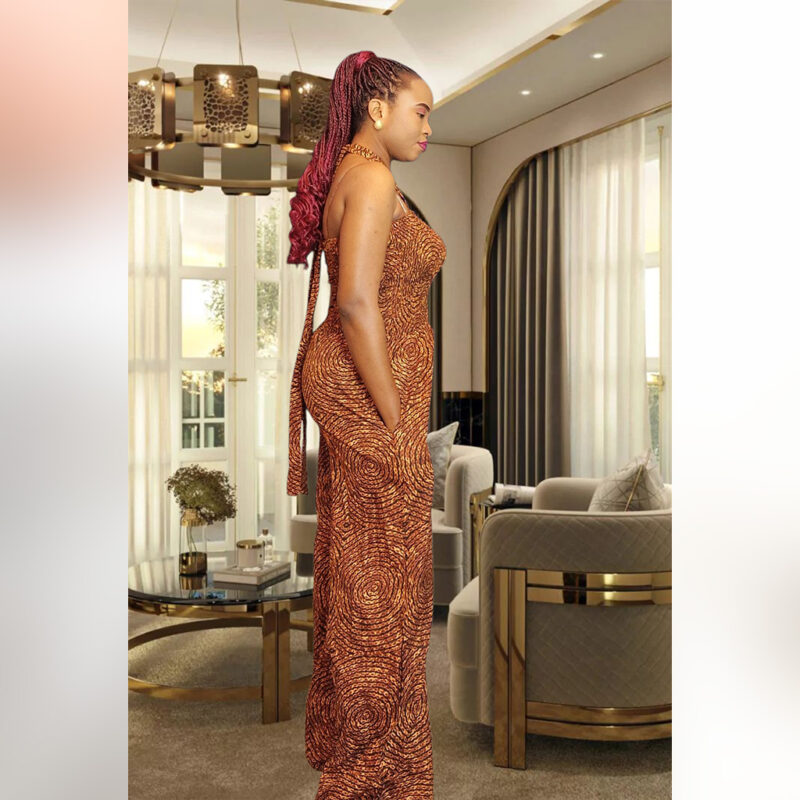 Morolake: Halter-Neck Ankara Jumpsuit – Bronze Swirl Elegance - Image 15