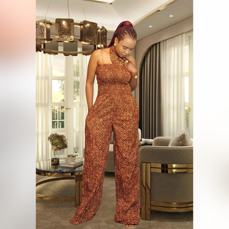 Morolake: Halter-Neck Ankara Jumpsuit – Bronze Swirl Elegance - Image 12