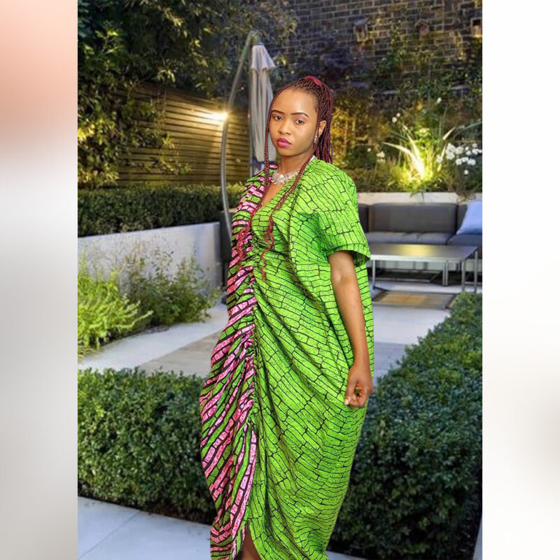 Omotayo: Dual-Tone Boubou Kaftan – Pink & Green Ankara Print - Image 4
