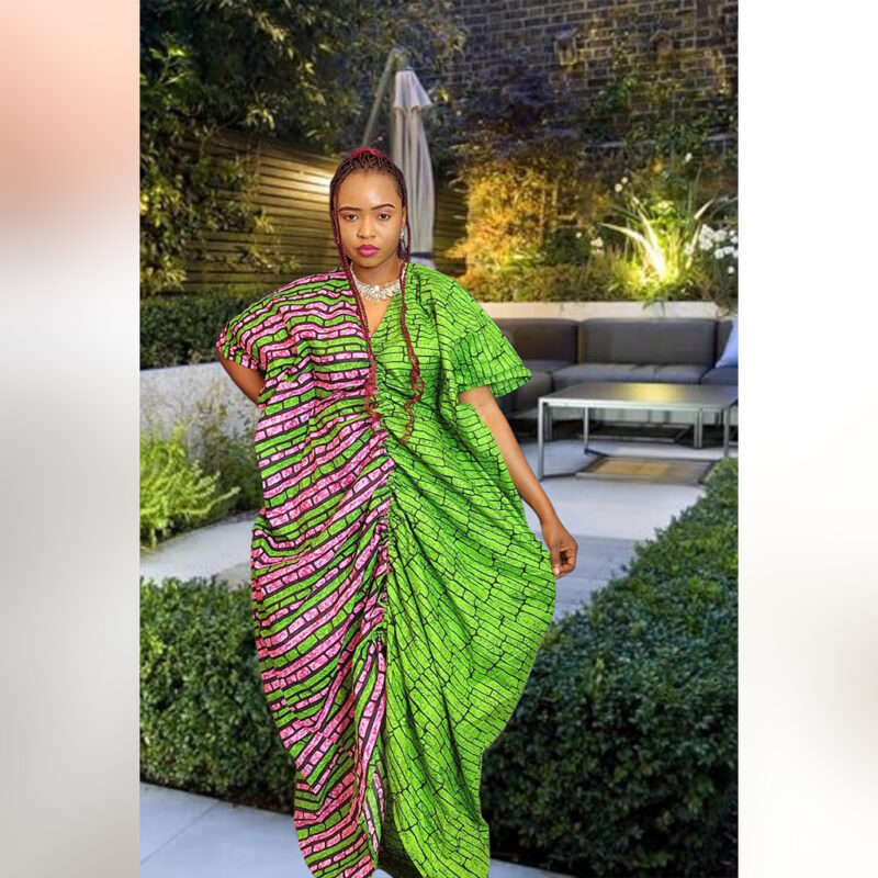 Omotayo: Dual-Tone Boubou Kaftan – Pink & Green Ankara Print