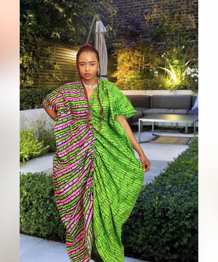 Omotayo: Dual-Tone Boubou Kaftan – Pink & Green Ankara Print