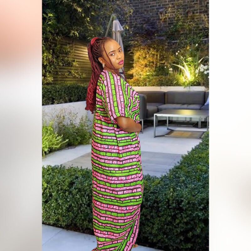 Omotayo: Dual-Tone Boubou Kaftan – Pink & Green Ankara Print - Image 3