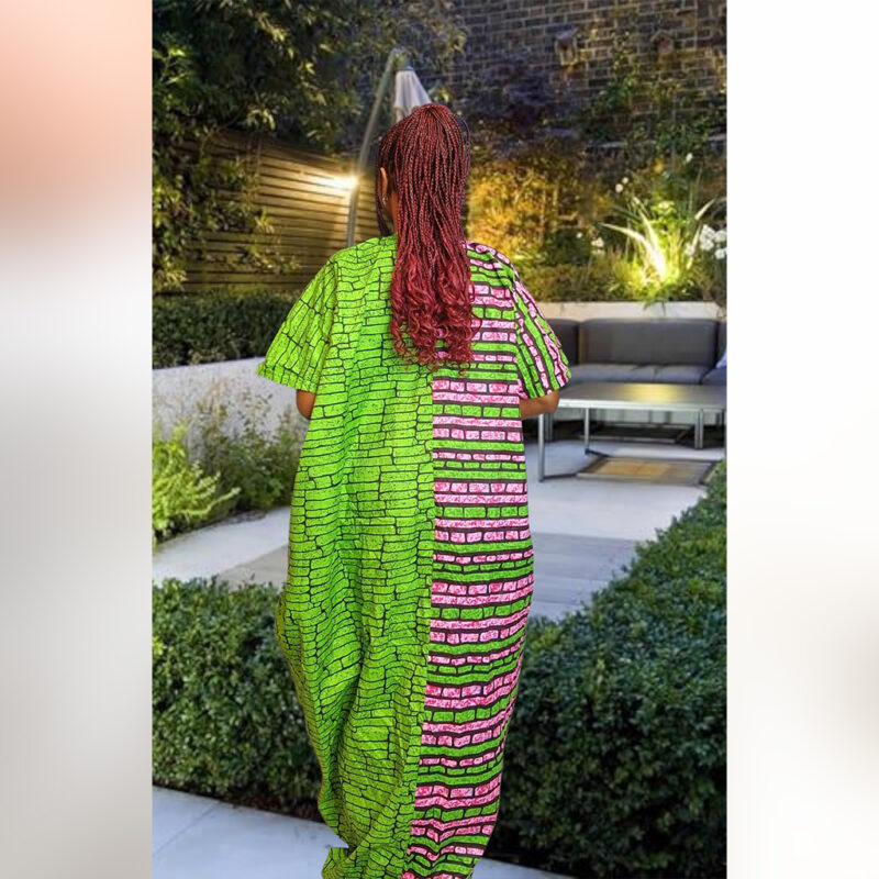 Omotayo: Dual-Tone Boubou Kaftan – Pink & Green Ankara Print - Image 5
