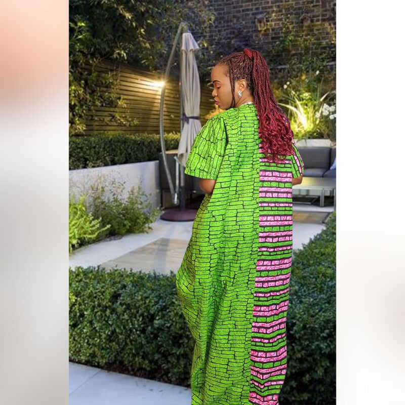 Omotayo: Dual-Tone Boubou Kaftan – Pink & Green Ankara Print - Image 2
